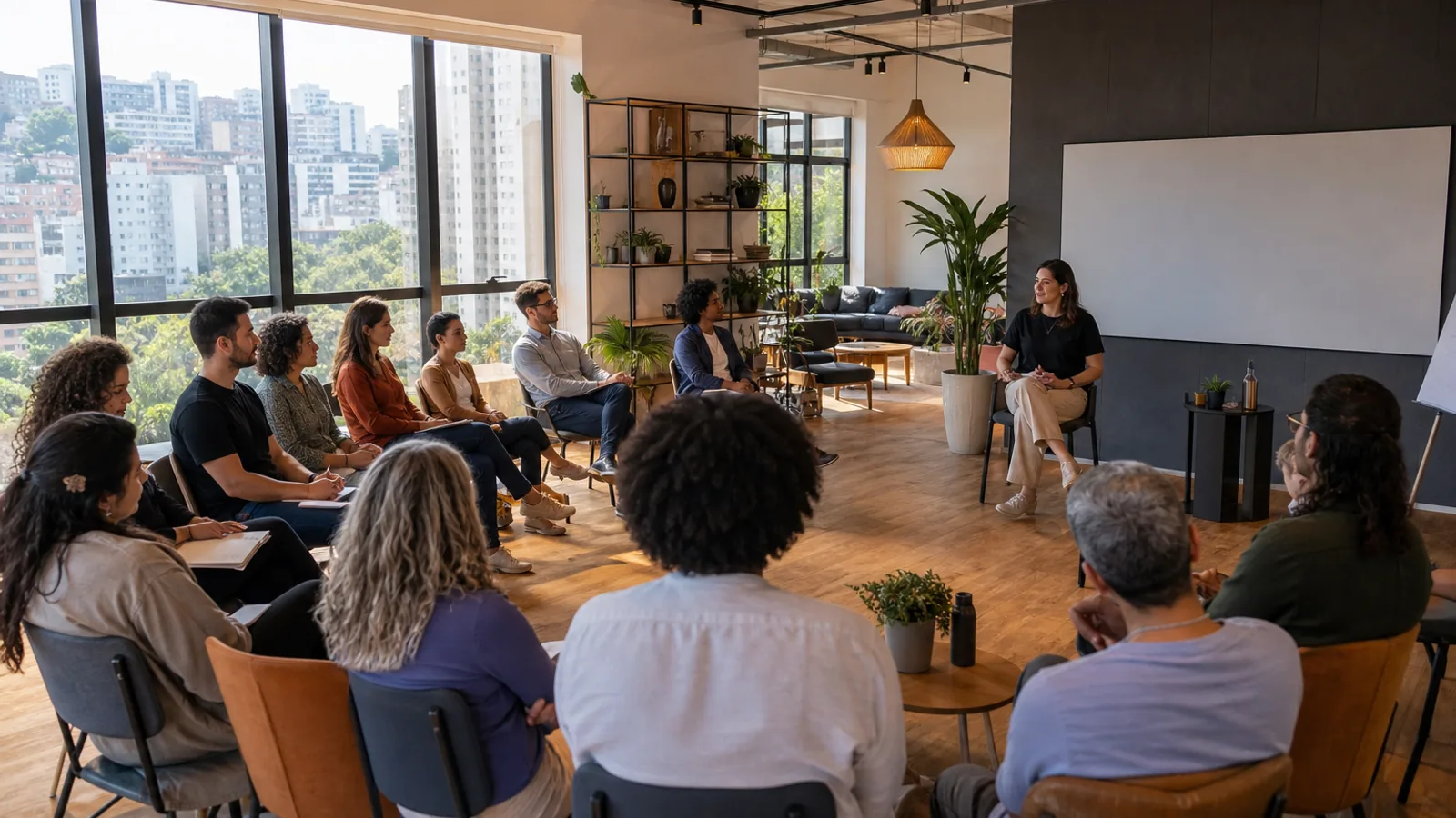 Sala de eventos em coworking de Belo Horizonte montada para workshop com cadeiras em semicírculo