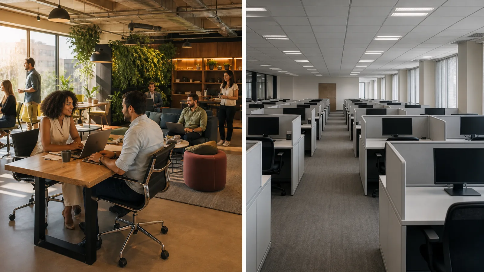 Comparação entre escritório tradicional de mesas fixas e coworking flexível com diferentes configurações