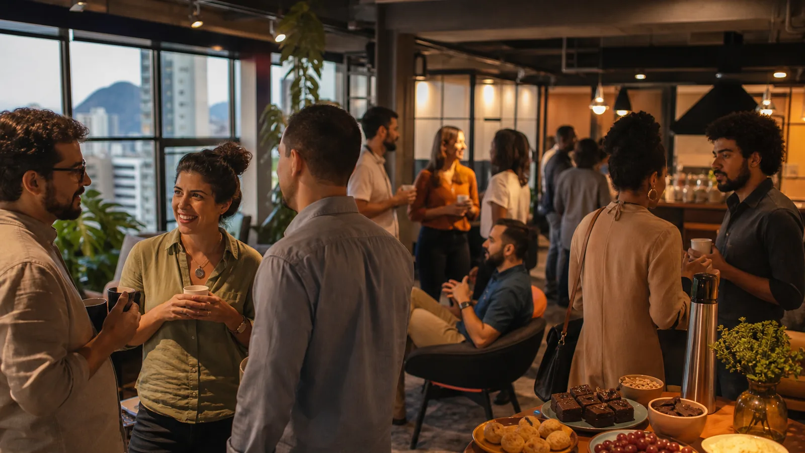Happy hour em coworking de Belo Horizonte com profissionais conversando em ambiente descontraído